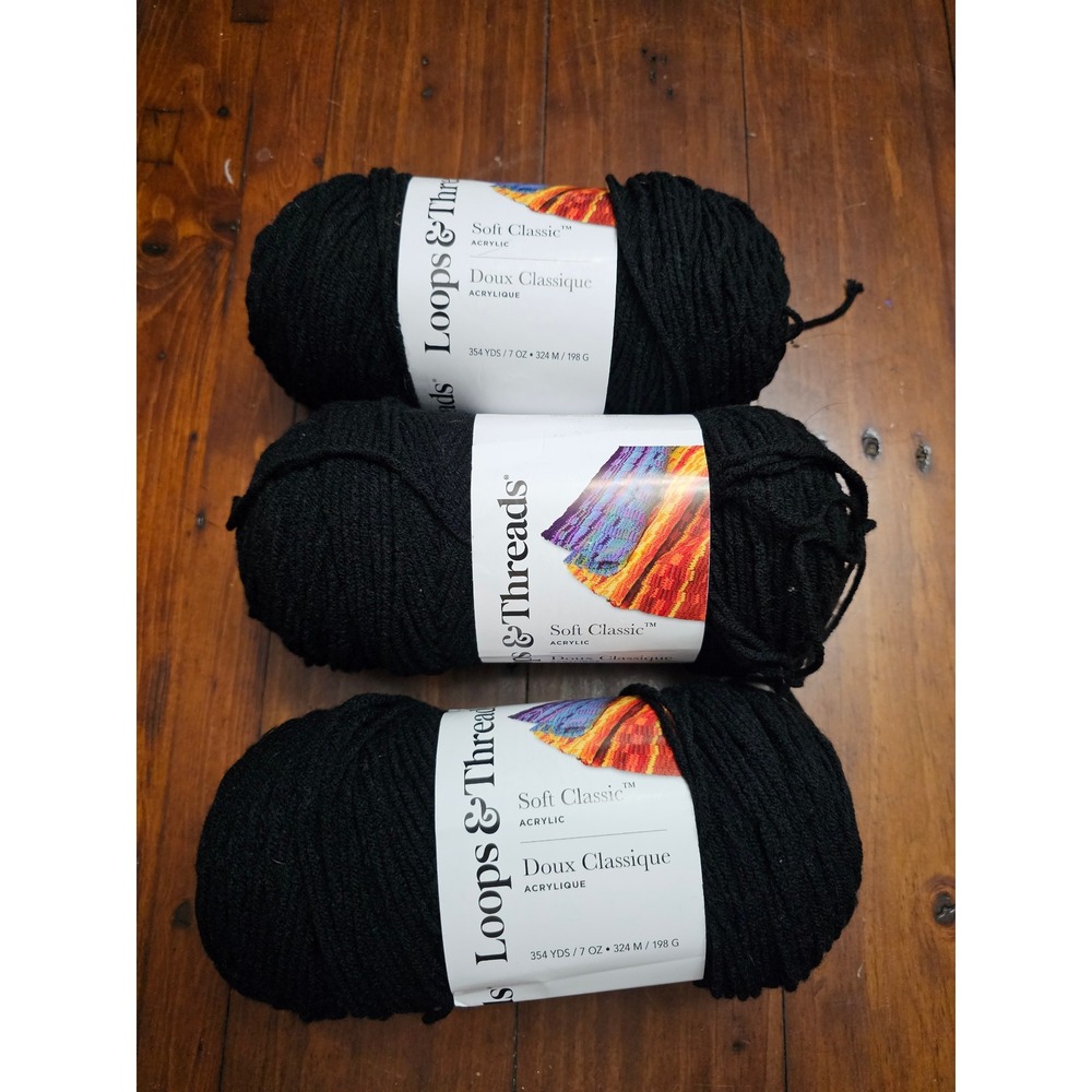 Loops & Threads Soft Classic Black Acrylic Yarn 3 Skeins 7oz 354yds Each VS14